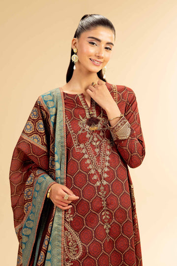 Nishat Linen 3 Piece - Gold Printed Embroidered Suit - 42501421 Online Shopping